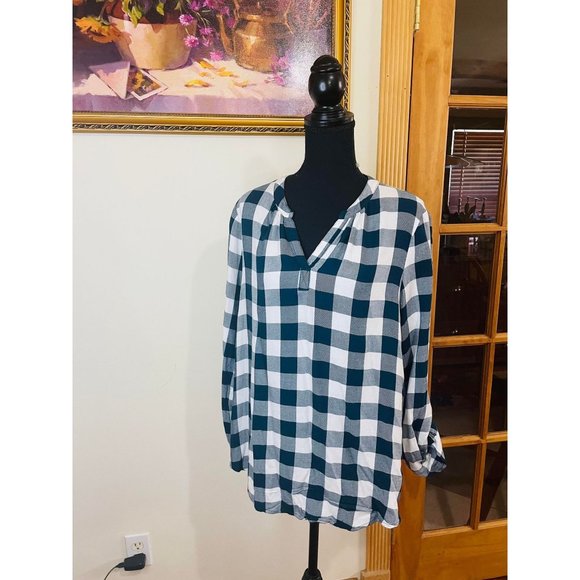 Time & Tru Turquoise Plaid V-Neck Custom Fall Graphic Blouse Size M 8-10 - Picture 4 of 10